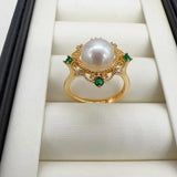 14k Filled Pearl Ring Green Zircon Diamond Square Natural Pearl Ring
