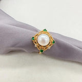 14k Filled Pearl Ring Green Zircon Diamond Square Natural Pearl Ring