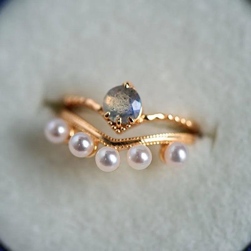 Vintage Court Pearl Rings Crystal Sweet Engagement Double Silver Jewelry