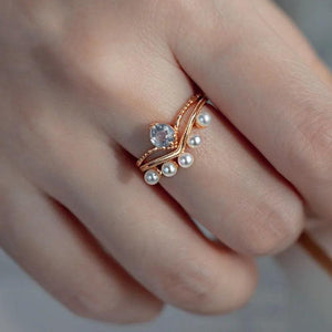Vintage Court Pearl Rings Crystal Sweet Engagement Double Silver Jewelry
