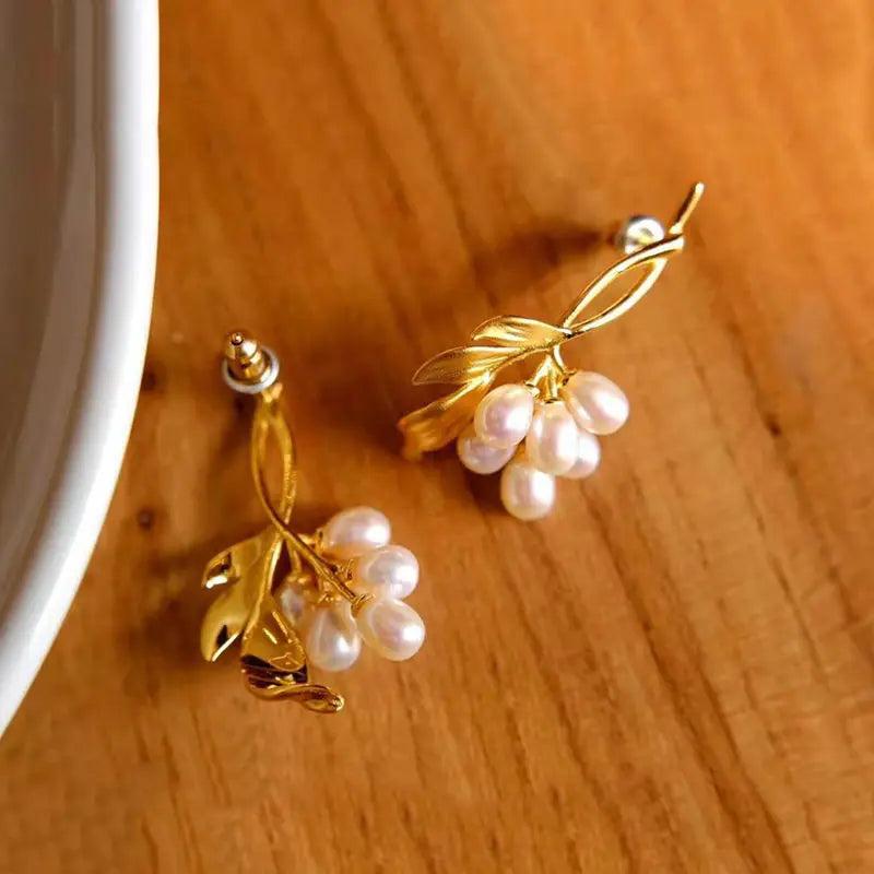 Autumn Leaf Shape Pearl Earrings Silver Jewelry