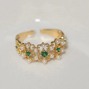 Green Diamond Pearl Hollow Engagement Ring