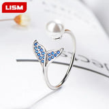 925 Silver Open Pearl Mermaid Ring Women Girls Gift Adjustable Size Finger Rings