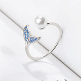 925 Silver Open Pearl Mermaid Ring Women Girls Gift Adjustable Size Finger Rings