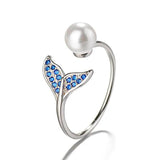 925 Silver Open Pearl Mermaid Ring Women Girls Gift Adjustable Size Finger Rings