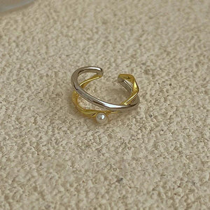 Two-tone Cross Pearl Ring for Women - Open Wedding Ring