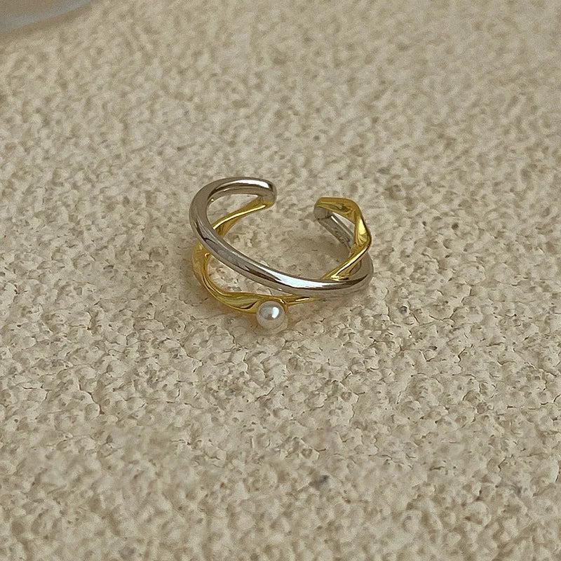 Two-tone Cross Pearl Ring for Women - Open Wedding Ring