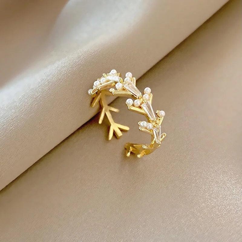 Grass Branch Zircon Pearl Ring - Japanese Style Hand Jewel