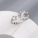 925 Silver Pearl Shell Star Moon Ring Women Party Jewelry