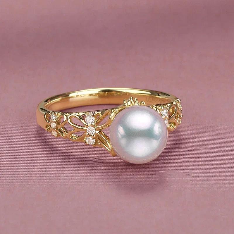 18k Pearl Butterfly Open Ring for Women Engagement Wedding Birthday Party
