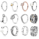 925 Silver Ring Heart Snowflake Knots Pearl Ring