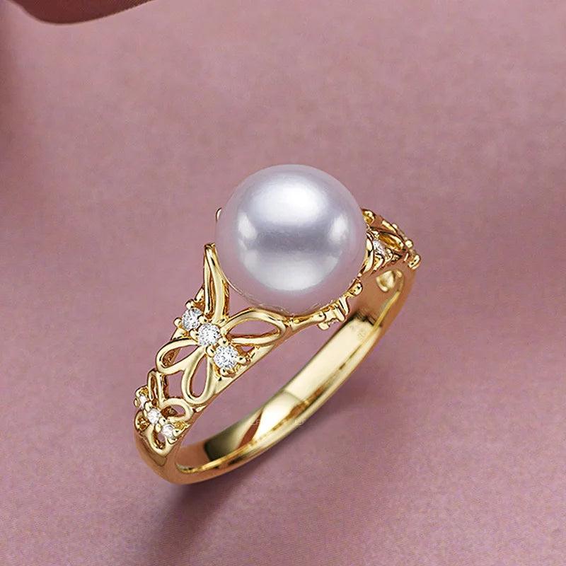 18k Pearl Butterfly Open Ring Women Engagement Wedding Party 999 Finger Rings