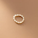 Real 925 Silver Irregular Pearl Elastic Ring Women Jewelry