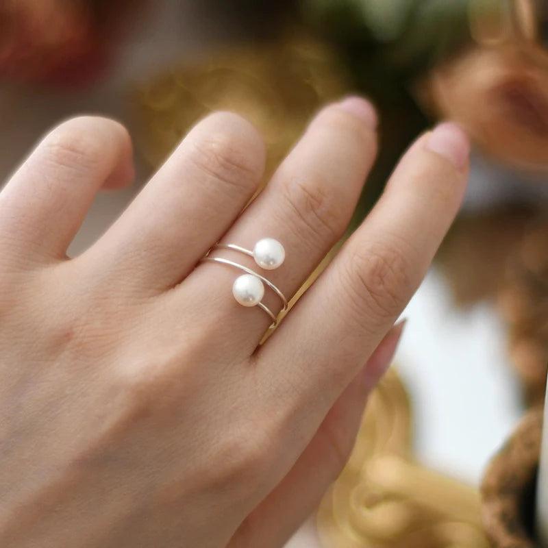 925 Silver Freshwater Double Pearl Ring for Women