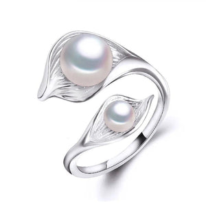 Boho Leaf Double Pearl Ring 925 Sterling Silver
