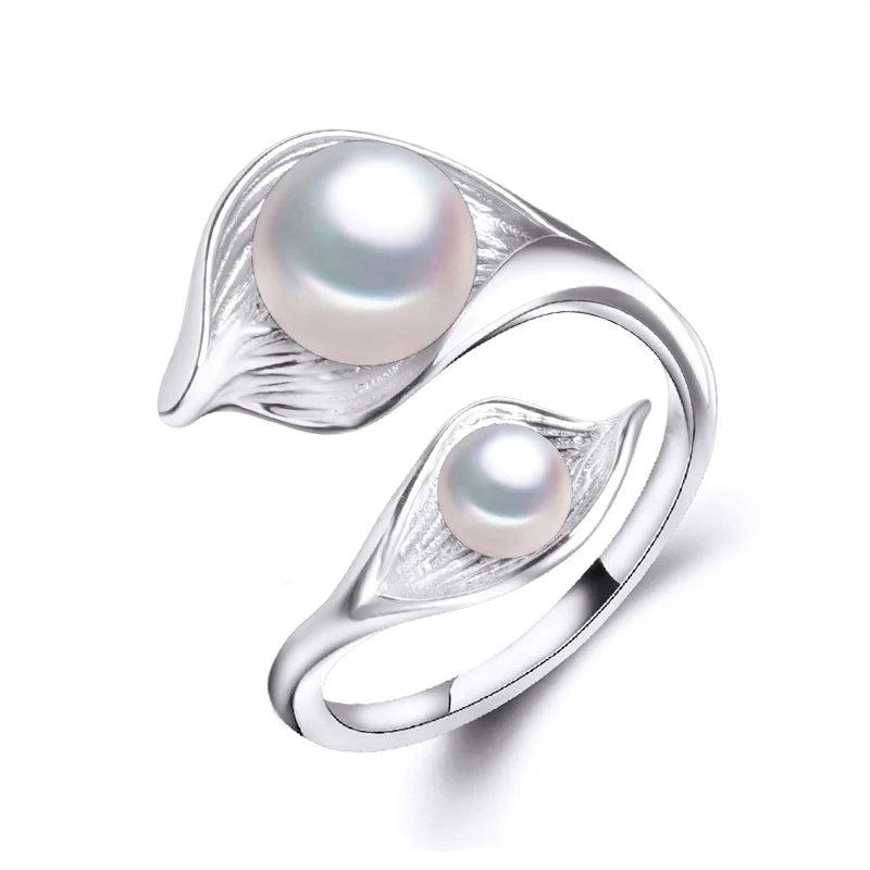 Boho Leaf Double Pearl Ring 925 Sterling Silver