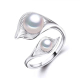 Boho Leaf Double Pearl Ring 925 Sterling Silver