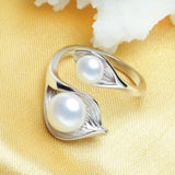 Boho Leaf Double Pearl Ring 925 Sterling Silver