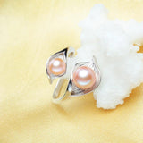 Boho Leaf Double Pearl Ring 925 Sterling Silver