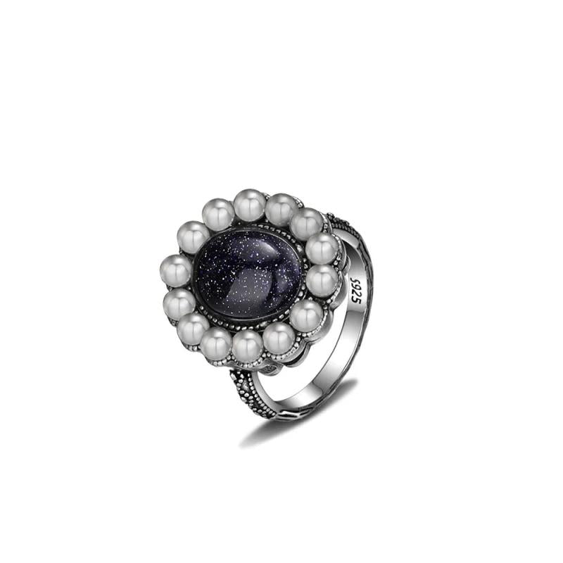 Natural Sandstone Ring 925 Sterling Silver Round Pearl Ring Retro Fine Jewelry