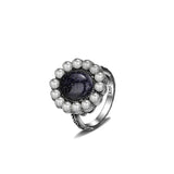 Natural Sandstone Ring 925 Sterling Silver Round Pearl Ring Retro Fine Jewelry