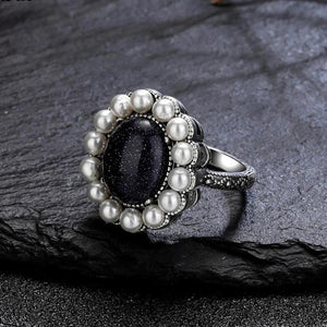 Natural Sandstone Ring 925 Sterling Silver Round Pearl Ring Retro Fine Jewelry