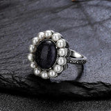 Natural Sandstone Ring 925 Sterling Silver Round Pearl Ring Retro Fine Jewelry