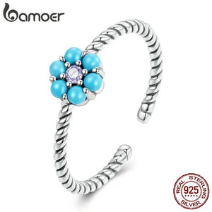 925 Silver Turquoise Round Bead Ring for Women Stackable Girl Anillos