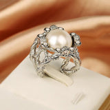 Retro Sterling Silver Pearl Women's Ring Hollow Out Metal Bride Engagement