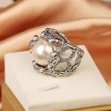 Retro Sterling Silver Pearl Women's Ring Hollow Out Metal Bride Engagement