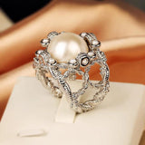 Retro Sterling Silver Pearl Women's Ring Hollow Out Metal Bride Engagement