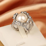 Retro Sterling Silver Pearl Women's Ring Hollow Out Metal Bride Engagement