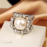 Retro Sterling Silver Pearl Women's Ring Hollow Out Metal Bride Engagement