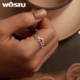 925 Silver Rainbow Star Opening Ring Coloful Beads Party Rings For Women