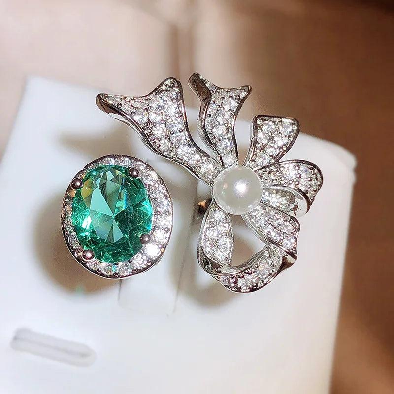 Sweet Bow Pearl Ring Green Zirconia 925 Stamp Jewelry