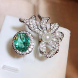 Sweet Bow Pearl Ring Green Zirconia 925 Stamp Jewelry