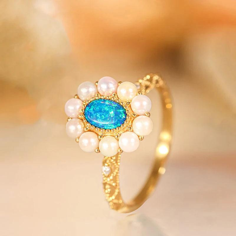 S925 Silver Pearl Oval Sapphire Flower Engagement Ring for Women