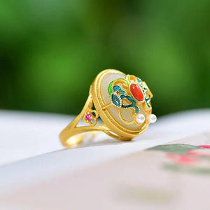 Hetian Jade Enamel Pearl Ring Retro Palace Style Jewelry