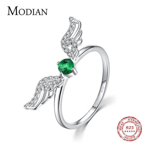 925 Silver Feather Rings Angel Wings Green Crystal Wedding Jewelry