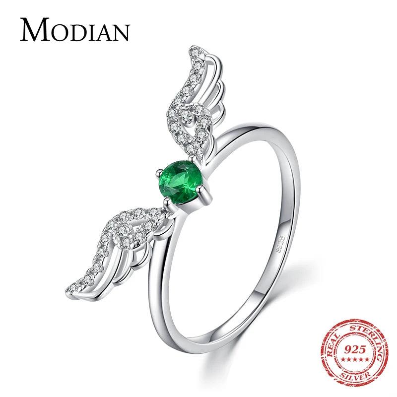 925 Silver Feather Rings Angel Wings Green Crystal Wedding Jewelry