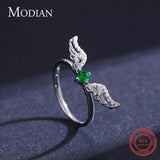 925 Silver Feather Rings Angel Wings Green Crystal Wedding Jewelry