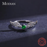 925 Silver Feather Rings Angel Wings Green Crystal Wedding Jewelry