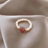 Freshwater Pearl & Strawberry Quartz Engagement Ring 14K Filled