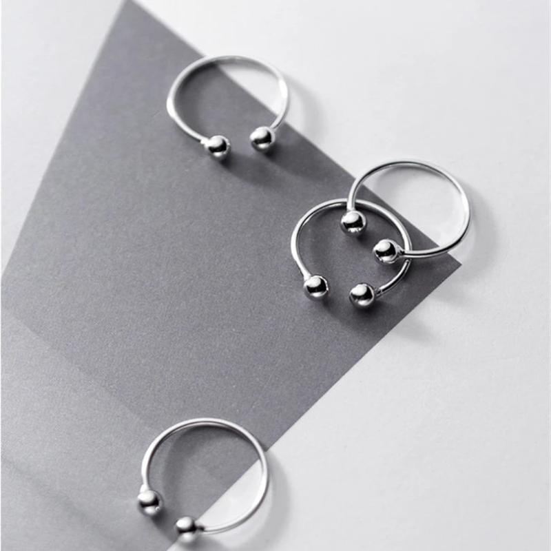 925 Sterling Silver Adjustable Rings Double Beads Geometric Finger Jewelry