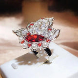 925 Silver Hollow Flower Pearl Wing Oval Ruby Diamond Couple Ring
