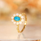 S925 Silver Pearl Oval Sapphire Flower Engagement Ring for Women