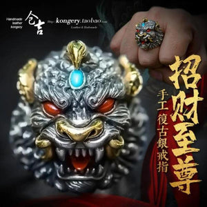 925 Silver Brave Carved Retro Lucky Opening Ring