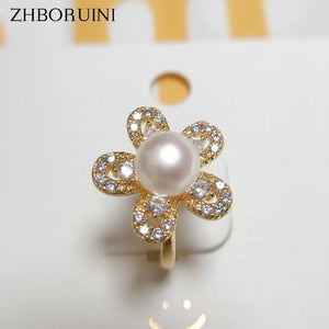 Noble 14K Gild Pearl & Zircon Flower Ring, Real Natural & Hot Gift for Woman