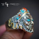 S925 Silver Ring Yellow God of Wealth Open Ring Engraving Overbearing Ring