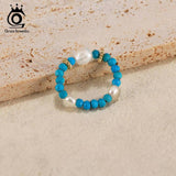 925 Silver Stretch Ring Freshwater Pearl Turquoise Elastic Adjustable